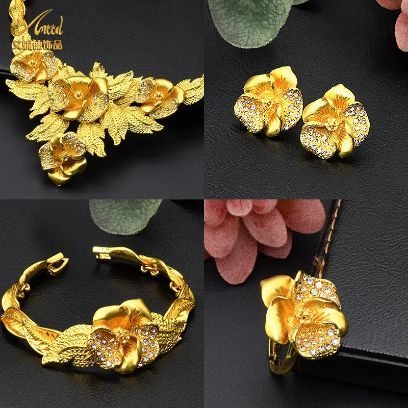 Juego de joyería nupcial de lujo en oro 24k Au999 para novias africanas y mujeres saudíes, collar, pulsera, aretes y anillo, 4 piezas, regalo.