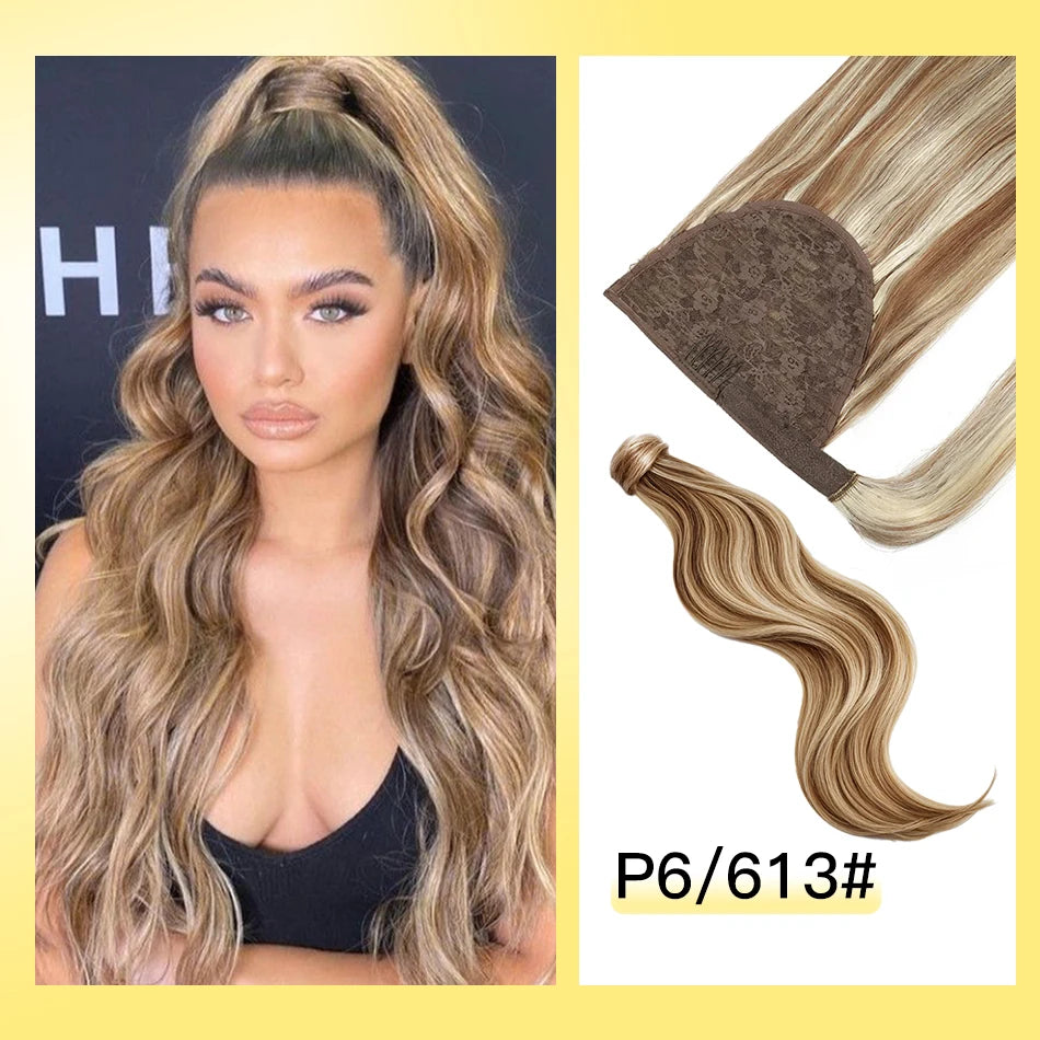 Cola de Caballo de cabello humano Yelo, Clip envolvente en pieza de cabello, extensión de cola de caballo, cabello humano liso con pasta mágica