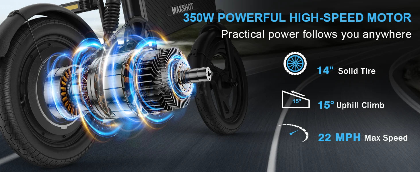 Bicicleta eléctrica plegable de 14 pulgadas, Motor sin escobillas de 350W, batería de 48V y 9Ah, velocidad máxima de 22MPH, 28 millas de largo alcance para adultos