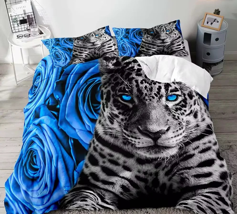 Juego de cama de tamaño completo para parejas, funda de edredón, decoración de dormitorio, León, Rey y Reina, Animal Safari africano, color negro, 3 piezas