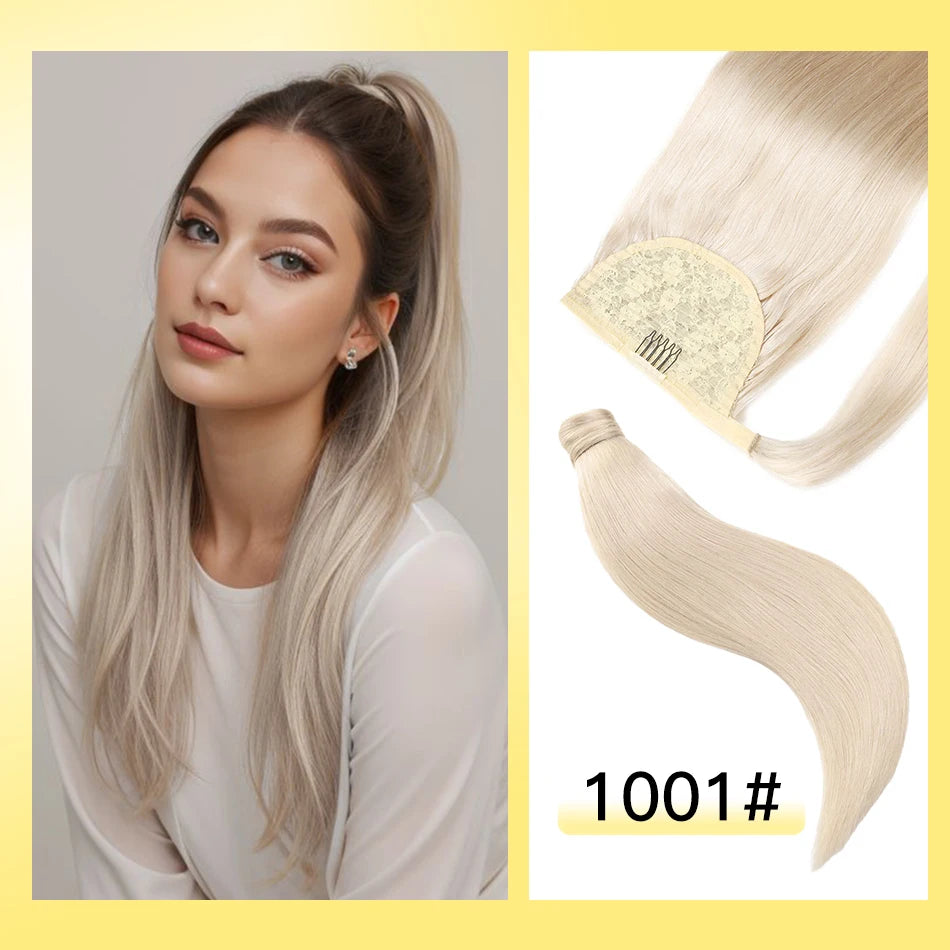 Cola de Caballo de cabello humano Yelo, Clip envolvente en pieza de cabello, extensión de cola de caballo, cabello humano liso con pasta mágica