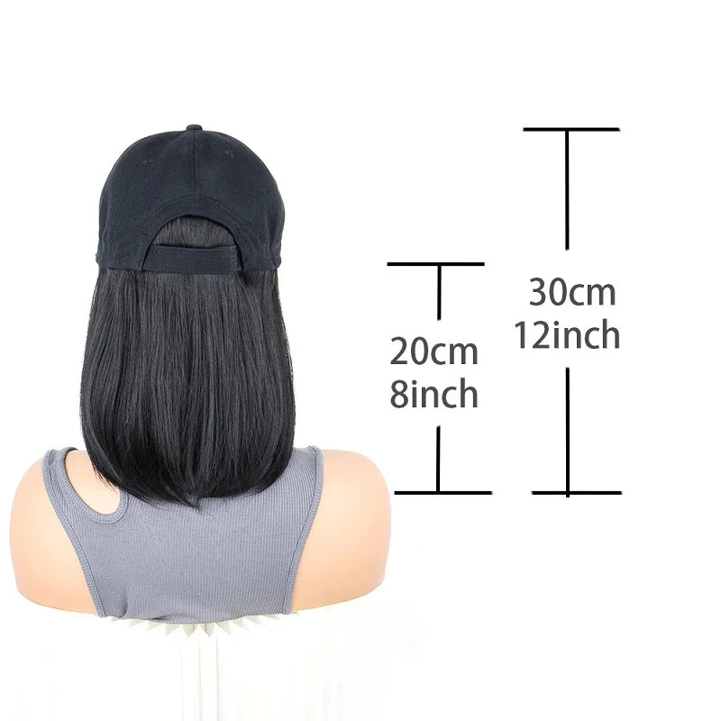 Extensiones de cabello de gorra de béisbol sintética de 12 pulgadas, peluca de sombrero ajustable Bob recta corta, fácil de usar para mujeres de fiesta diarias