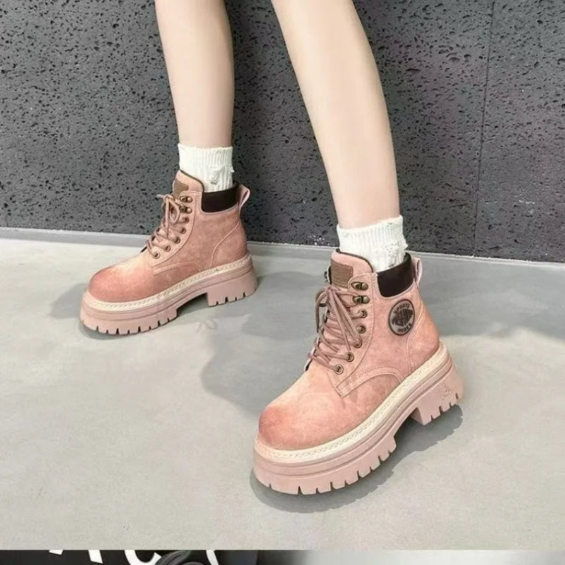 Botas cortas de tacón medio para mujer, zapatos altos a la moda, nuevos botines cómodos con cordones para ocio al aire libre para otoño e invierno