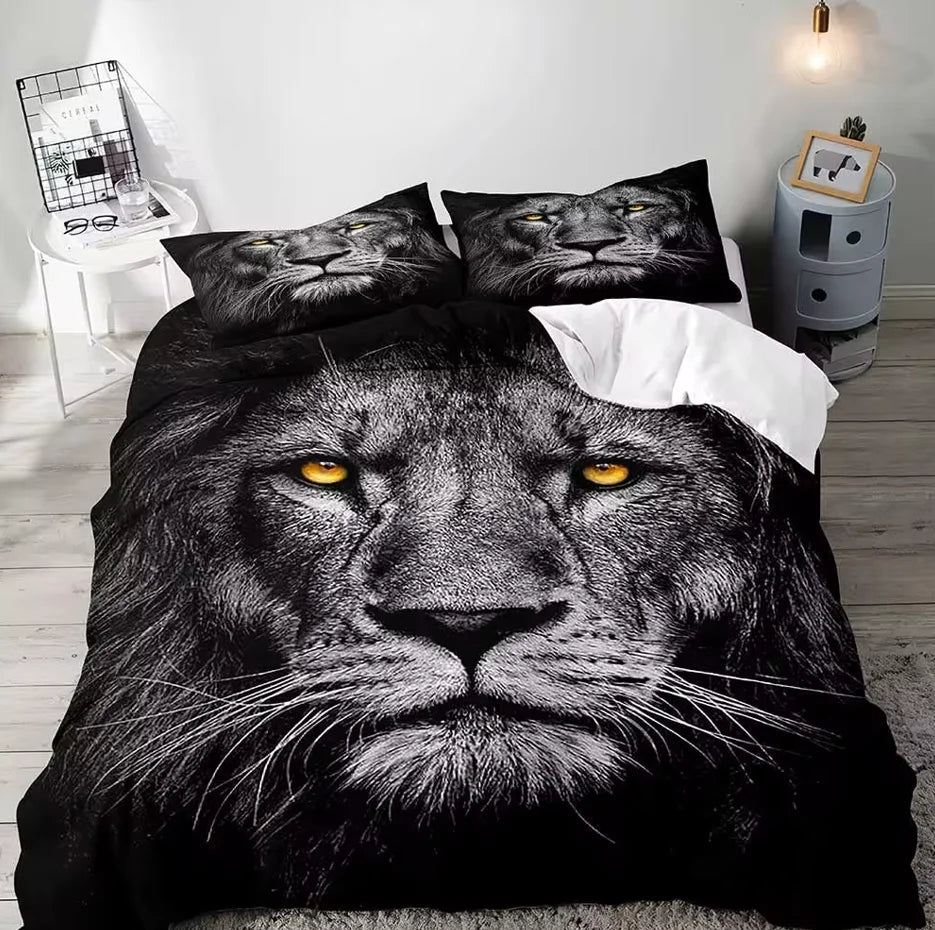 Juego de cama de tamaño completo para parejas, funda de edredón, decoración de dormitorio, León, Rey y Reina, Animal Safari africano, color negro, 3 piezas