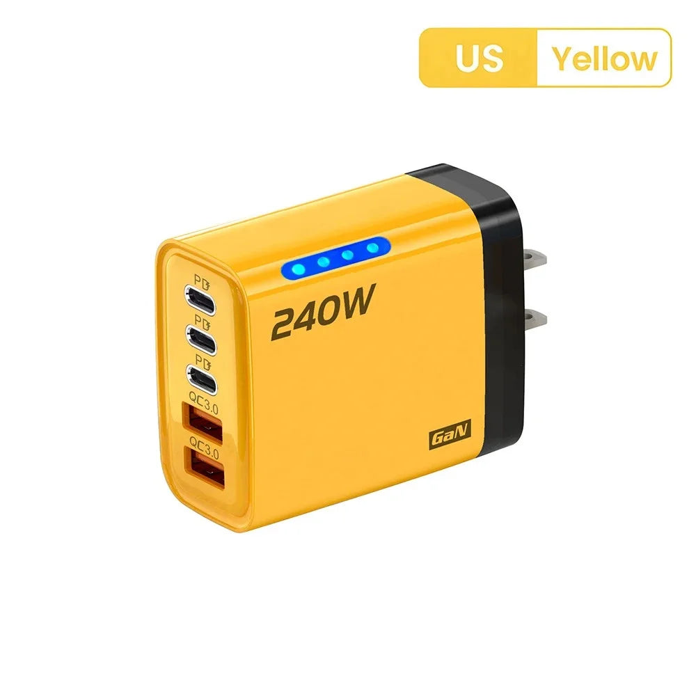 Cargador USB C GaN 5 en 1 de 240W, adaptador de carga rápida para teléfono, PD QC3.0, enchufe europeo/estadounidense/británico, cargador de pared para iPhone, Samsung, Xiaomi