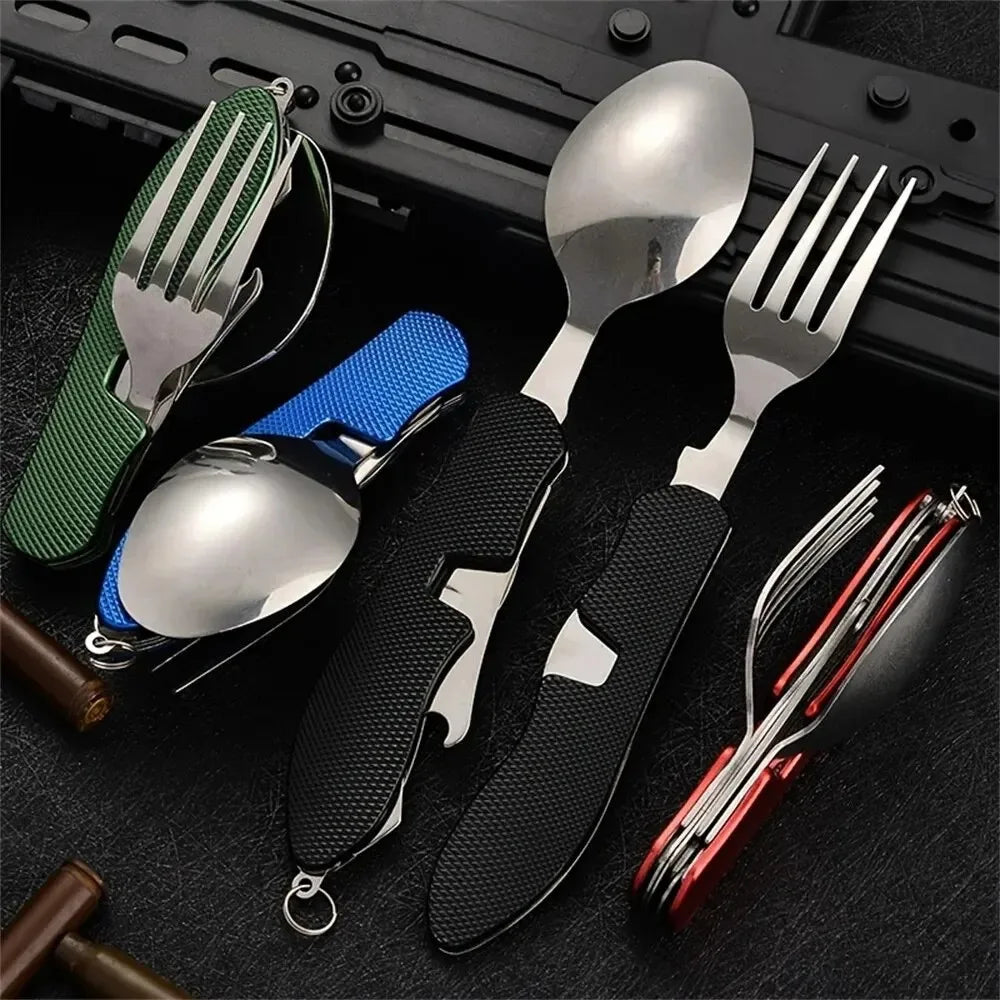 Juego de utensilios de camping plegables 4 en 1, cuchillo multifuncional, tenedor, cuchara, abridor de botellas para supervivencia al aire libre, deportes, camping y senderismo.
