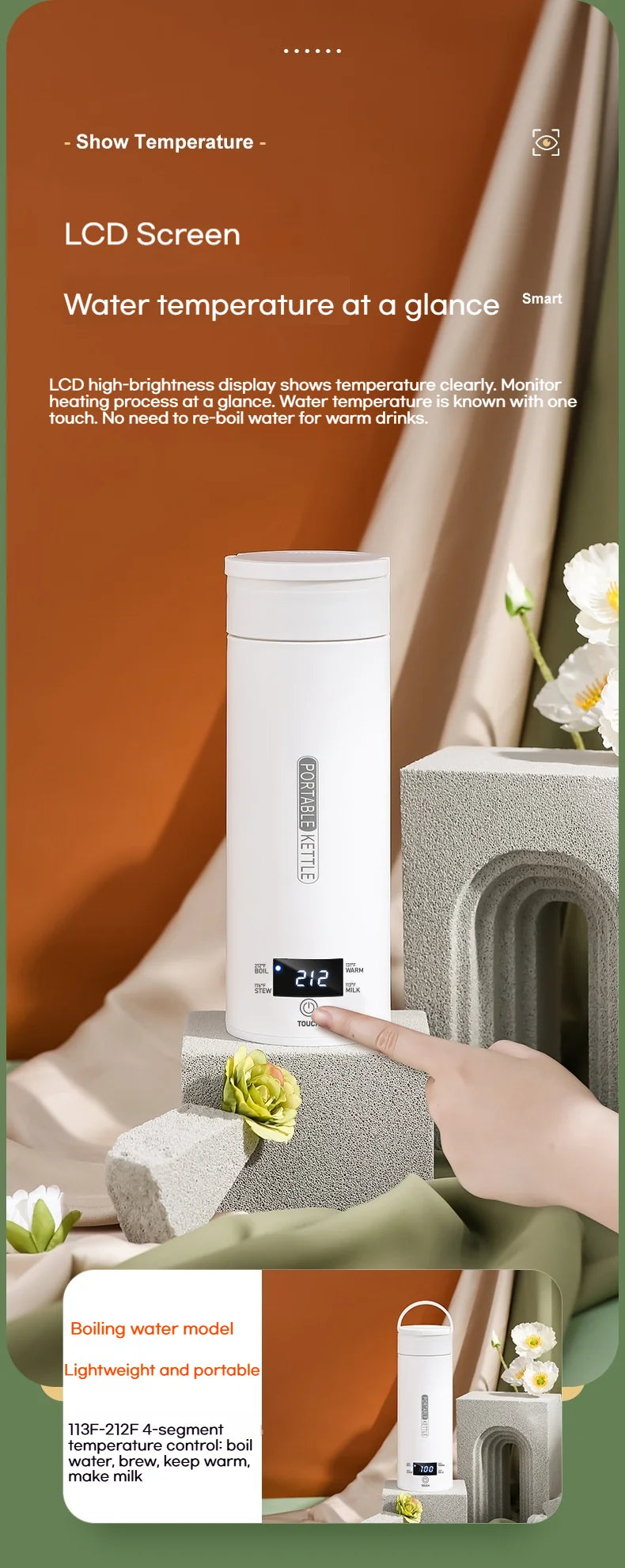 Hervidor Eléctrico Portátil de 450 ml, Taza Térmica para Té y Café, Hervidor de Agua de Viaje, Botella de Agua Anti-Escaldaduras, Menú en Inglés