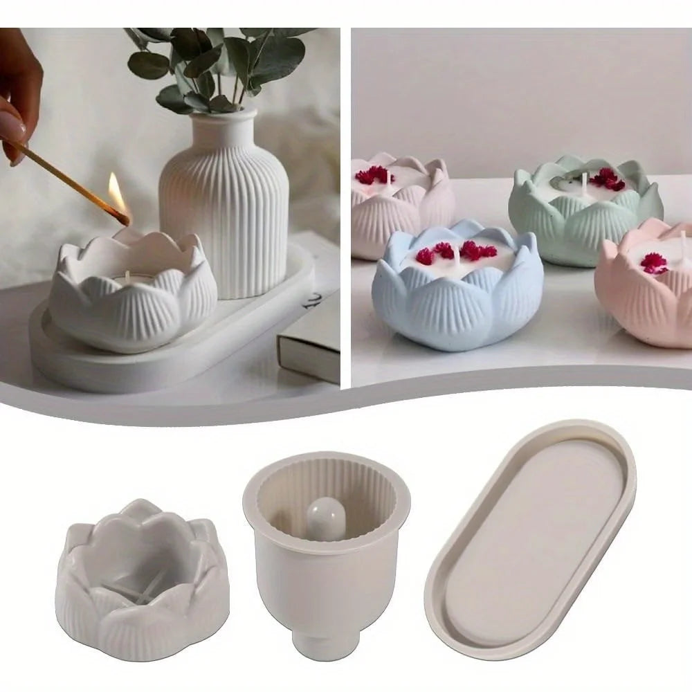 3 unids/set de moldes de silicona para manualidades de fundición de resina epoxi DIY, incluye portavelas de flor de loto, moldes para jarrones y bandejas
