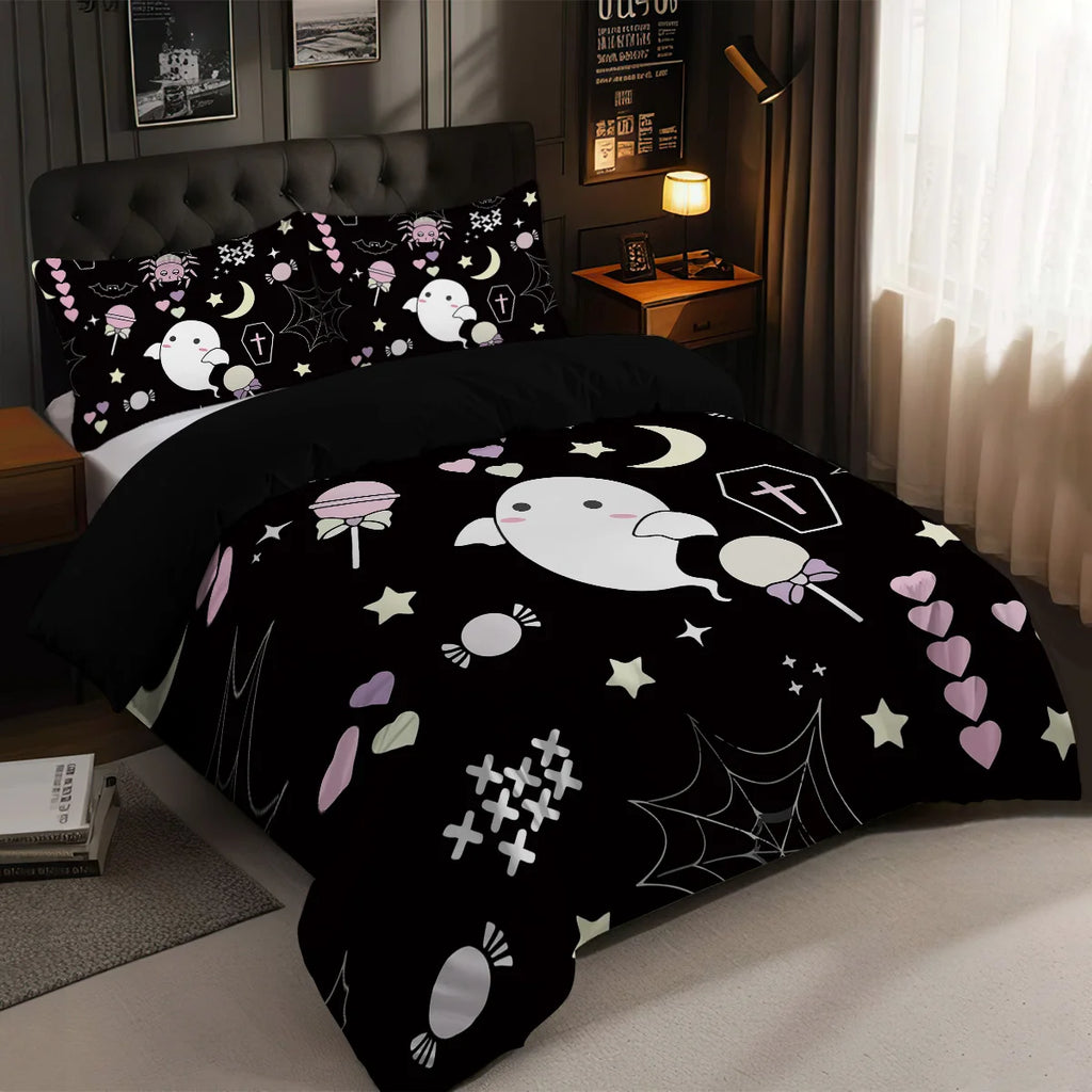 Juego de ropa de cama con estampado de fantasma para Halloween, sin núcleo, para dormitorio, sala de estar, dormitorio, varios tamaños, lavable a máquina, 3 uds.