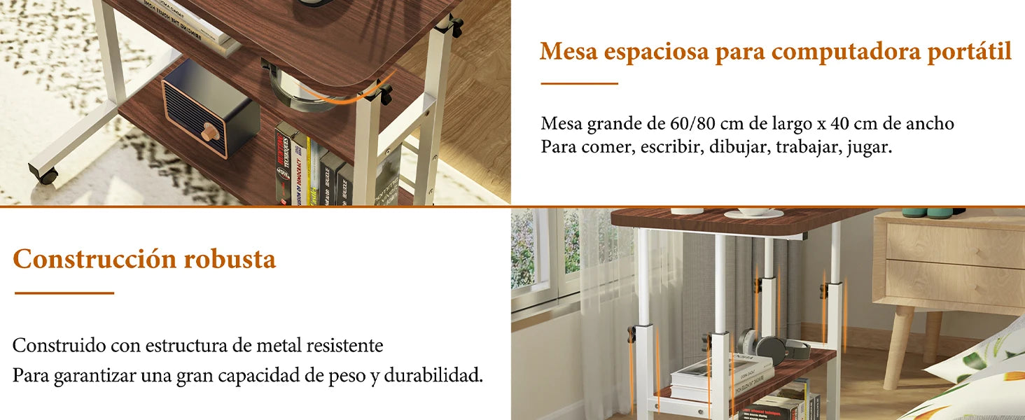 ECHIGOYA Escritorio Portátil, Mesa para Laptop, Escritorio de Computadora con Repisas, Escritorio de Pie Altura Ajustable con Ruedas, Mesa para Cama de Hospital, Home Office, 60cm*40cm