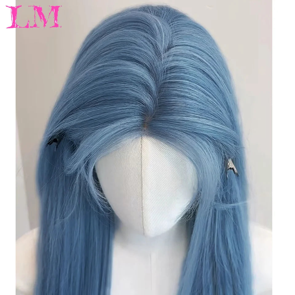 Pelucas sintéticas largas y rectas LM, color azul claro con reflejos de ceniza, peluca de Cosplay con flequillo para mujeres, pelo Natural, fibra resistente al calor