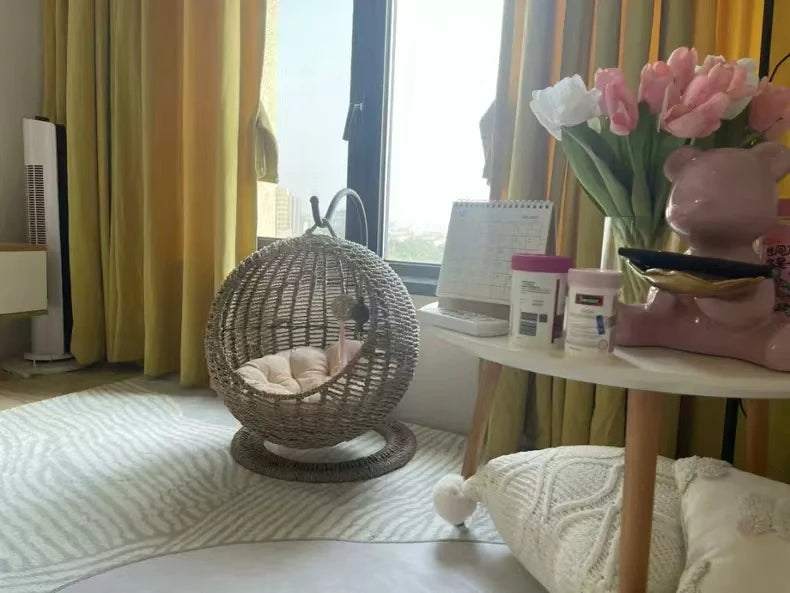 Hamaca semicerrada para mascotas, jaula redonda colgante para gatos, cesta de ratán para verano