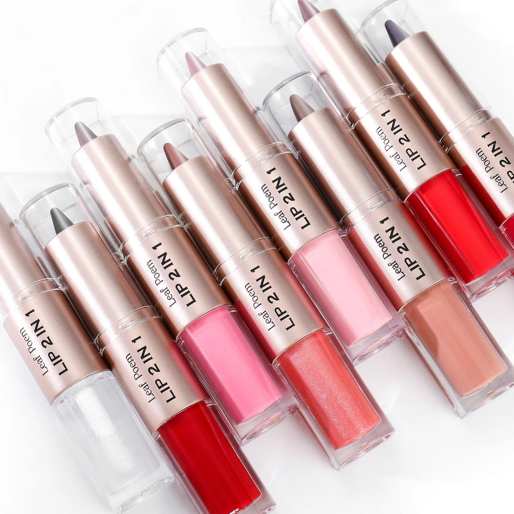 Delineador de labios cónico negro y marrón, lápiz de contorno, espejo de doble cabeza, brillo de labios de cristal, maquillaje de tinte de labios rojos sexis