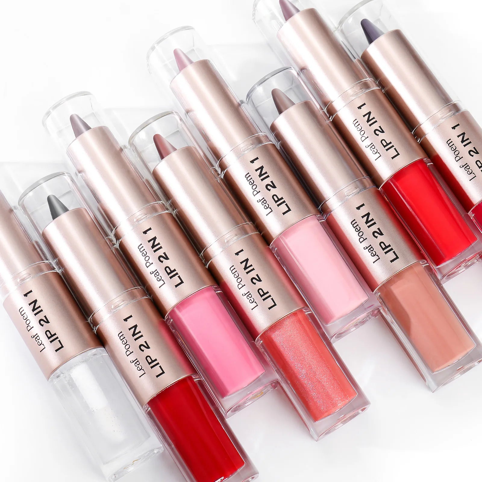 Delineador de labios cónico negro y marrón, lápiz de contorno, espejo de doble cabeza, brillo de labios de cristal, maquillaje de tinte de labios rojos sexis