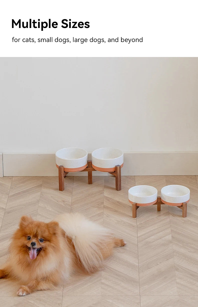 Cuencos grandes de cerámica para mascotas de 1800 ml con soporte de madera: platos de alimentación para perros grandes elevados dobles, cuencos antideslizantes para gatos