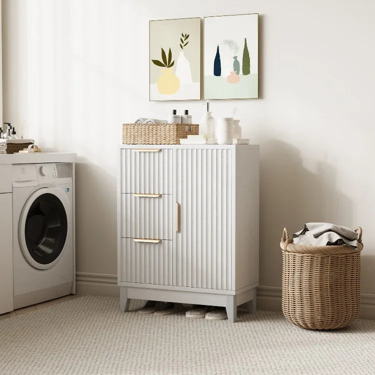 Organizador lateral de madera con 3 cajones y una puerta, con patas elevadas, para almacenamiento en el suelo, ideal para baño, ducha, dormitorio o armario del hogar.