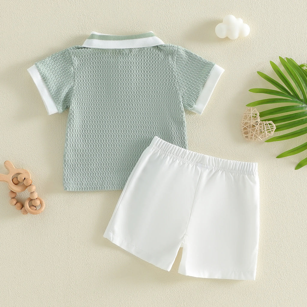 Conjunto de pantalones cortos para bebé niño, camisa de punto con cuello y manga corta y pantalones cortos, conjunto de verano de 2 piezas