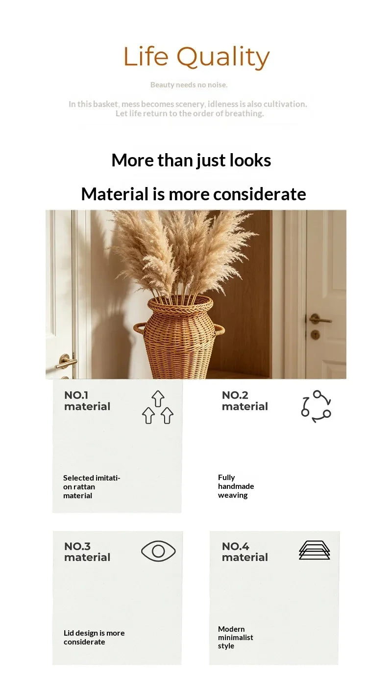 Jarrón de Ratán Tejido a Mano con Asas, Estilo Boho, Maceta Decorativa para Arreglos Florales de Interior y Decoración del Hogar