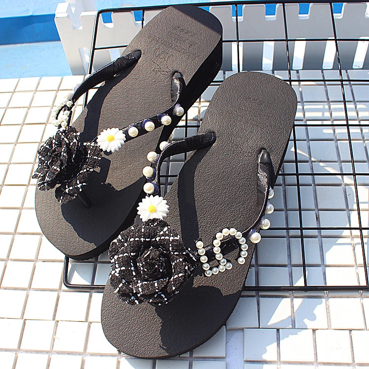 Sandalias Hechas a Mano con Suela Plana Antideslizante, Decoradas con Perlas, con Diseño de Flor de Camelia, Chanclas de Play...