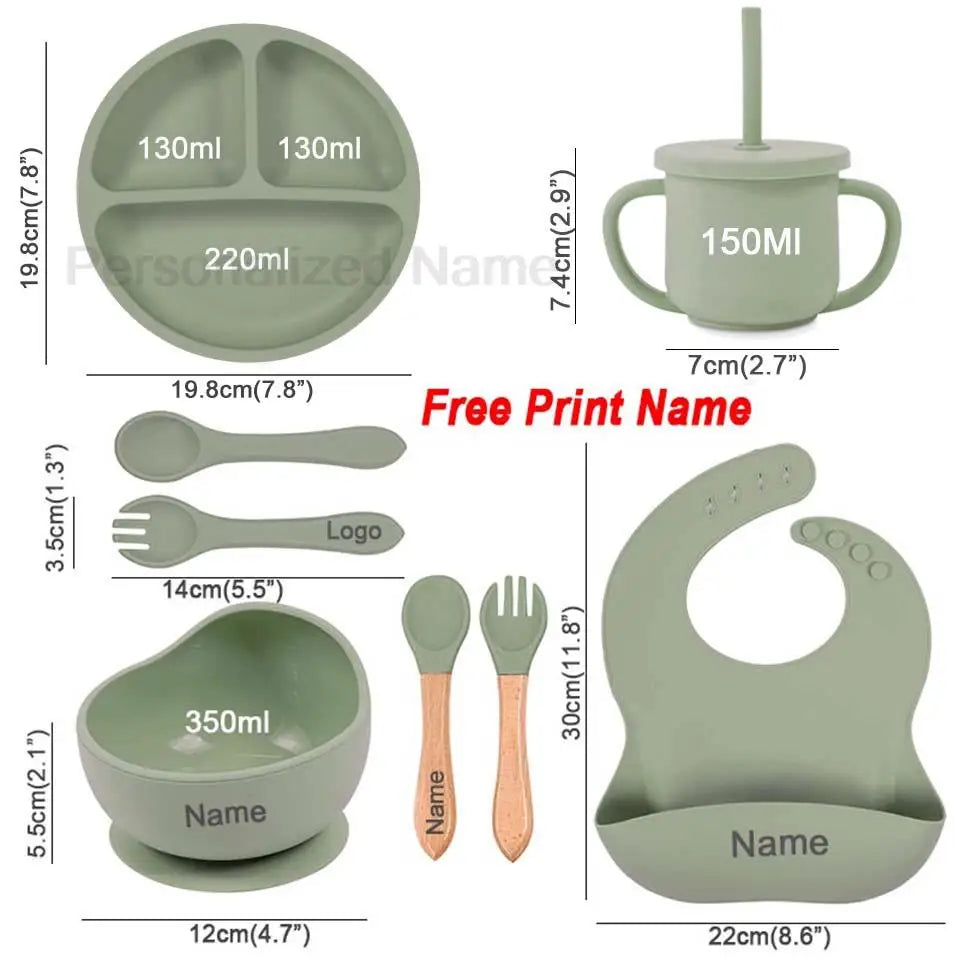 Juego de alimentación de silicona para bebé, plato de comedor redondo, cuenco con ventosa, platos para niños, vajilla con nombre personalizado, taza de paja, 8 Uds.