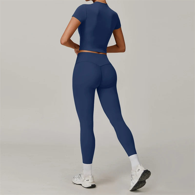 Conjunto de Yoga de 2 piezas para mujer, ropa deportiva de entrenamiento, ropa de gimnasio, Top corto de manga corta, mallas de cintura alta, trajes deportivos