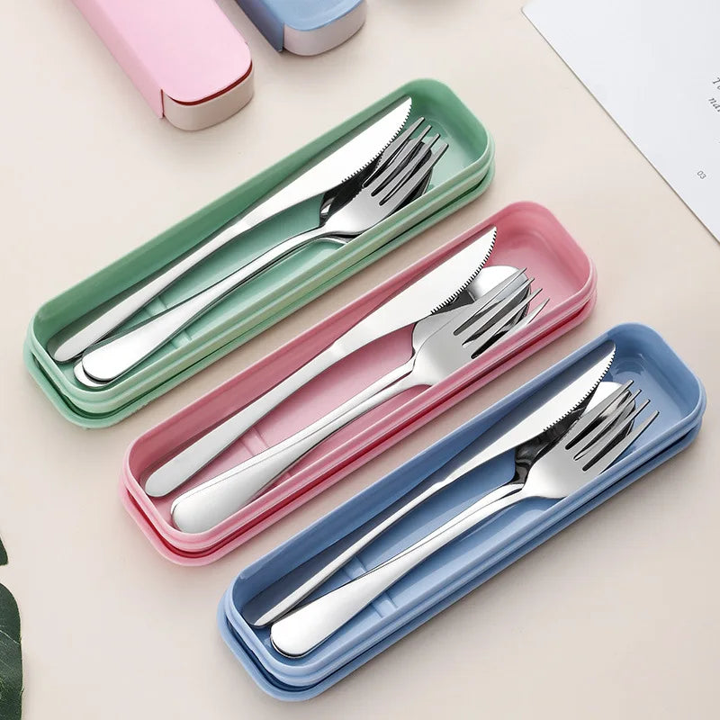 Juego de cubiertos portátiles de acero inoxidable de 3/4 piezas con caja de almacenamiento, palillos, tenedor, cuchara, cuchillo, juego de vajilla de viaje, cubiertos para acampar