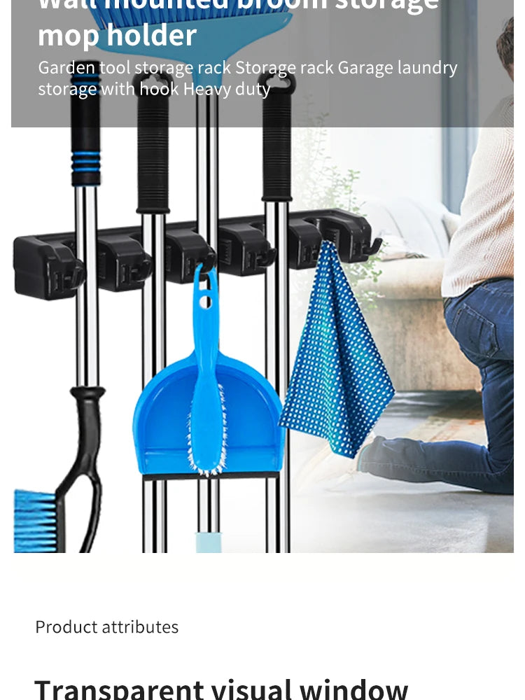 Soporte para fregona montado en la pared, colgador multifuncional de 3/4/5 posiciones, estante de almacenamiento de plástico mágico negro para cocina y hogar