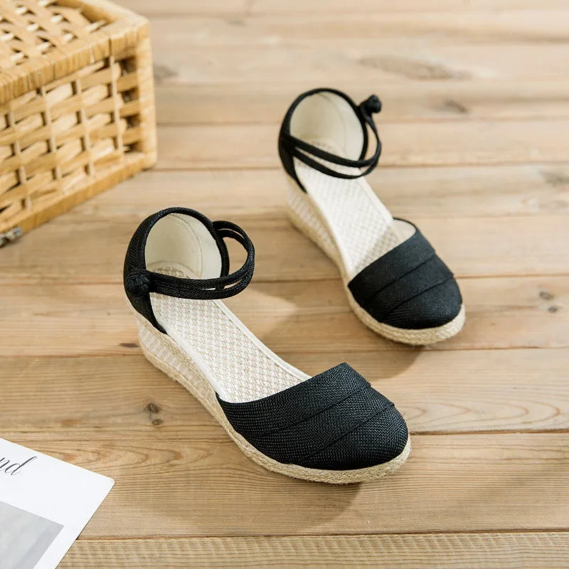 Sandalias de lino con plataforma para mujer, sandalias con correa en el tobillo, calzado ligero y transpirable para verano, sandalias de moda romana para mujer, talla 34