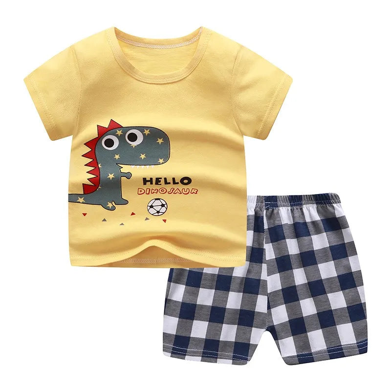 Conjunto informal de manga corta para niños, Camiseta con estampado de dinosaurio, pantalones cortos sueltos, traje de dos piezas, chándales bonitos de moda, ropa exterior