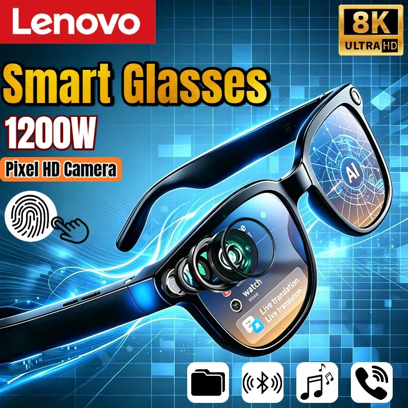 Gafas Inteligentes Lenovo con IA, 8K, Control Remoto, Cámara Táctil, Grabación, Asistente de Voz, Traductor, Bluetooth Inalámbrico