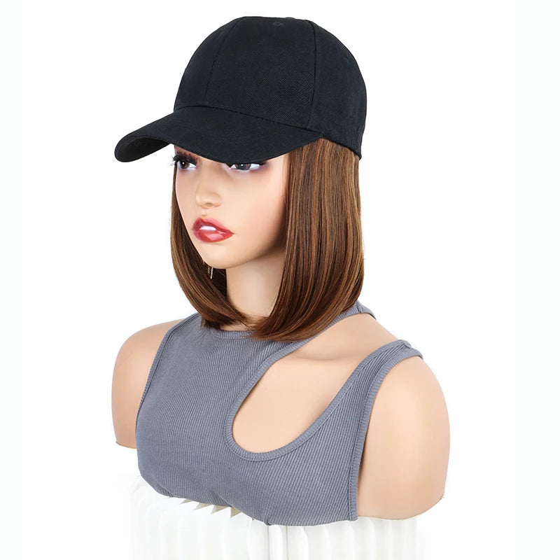 Extensiones de cabello de gorra de béisbol sintética de 12 pulgadas, peluca de sombrero ajustable Bob recta corta, fácil de usar para mujeres de fiesta diarias