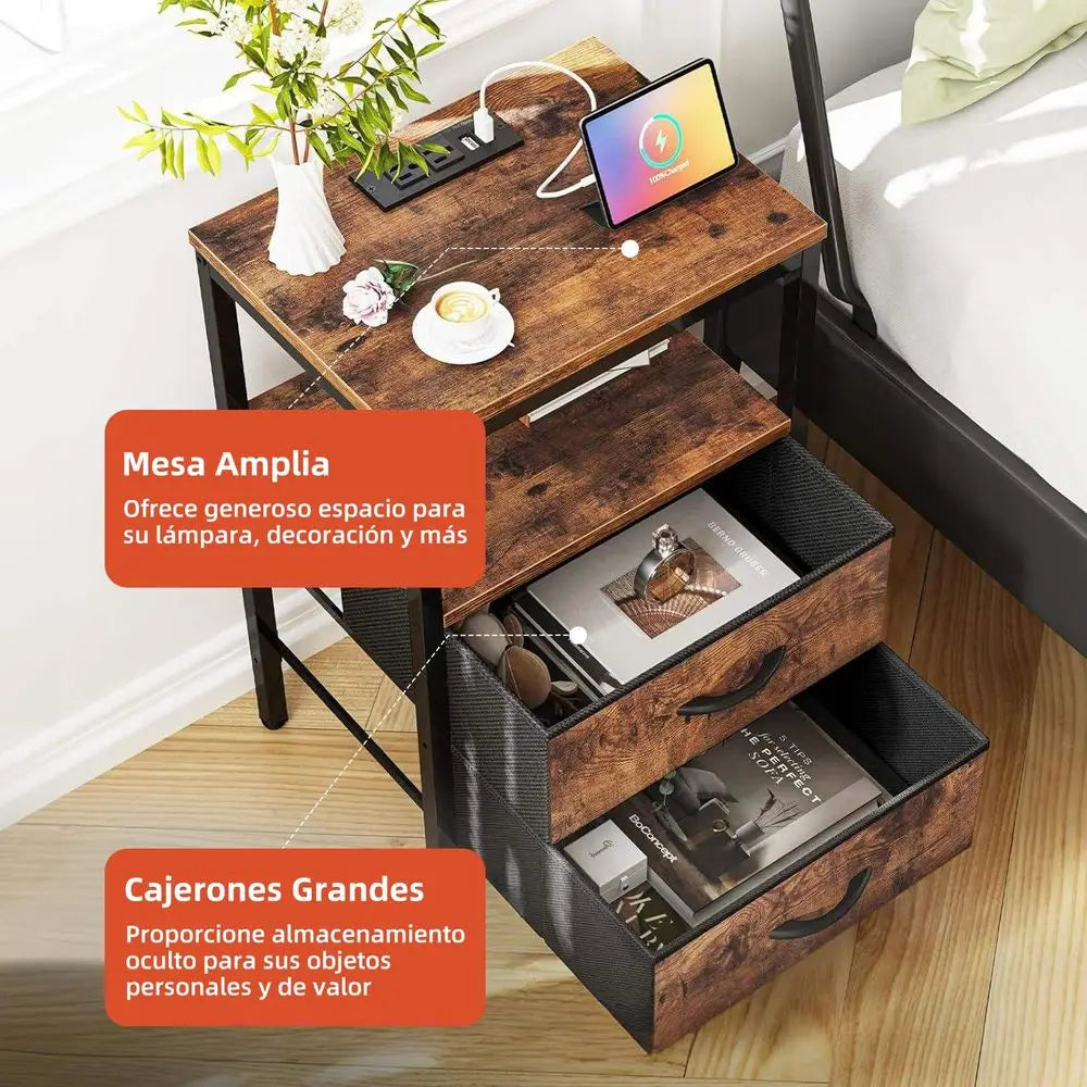 Mesa de Noche para Recmara con 2 Cajones, 2 Niveles de Almacenamiento, 2 Salidas y 2 Puertos de Carga