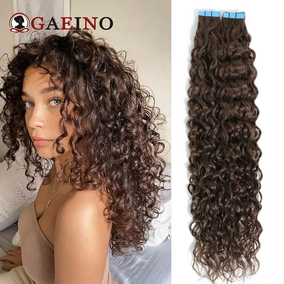 Cinta de onda de agua en extensión de cabello humano, cinta de trama de piel de cabello brasileño en cabello humano rizado, Color negro, marrón y Rubio, 20 piezas por juego