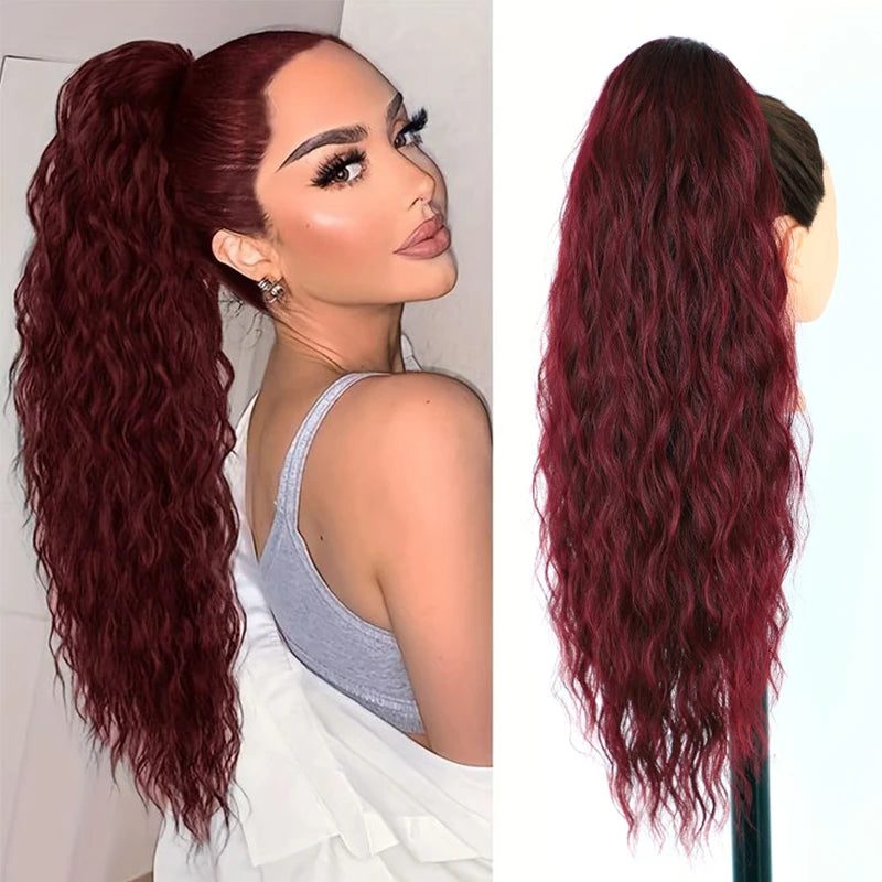Extensión de cabello de cola de caballo ondulada y rizada larga para mujer, postizos de cola de caballo con cordón, cola de caballo falsa sintética, negro, Rubio y rojo