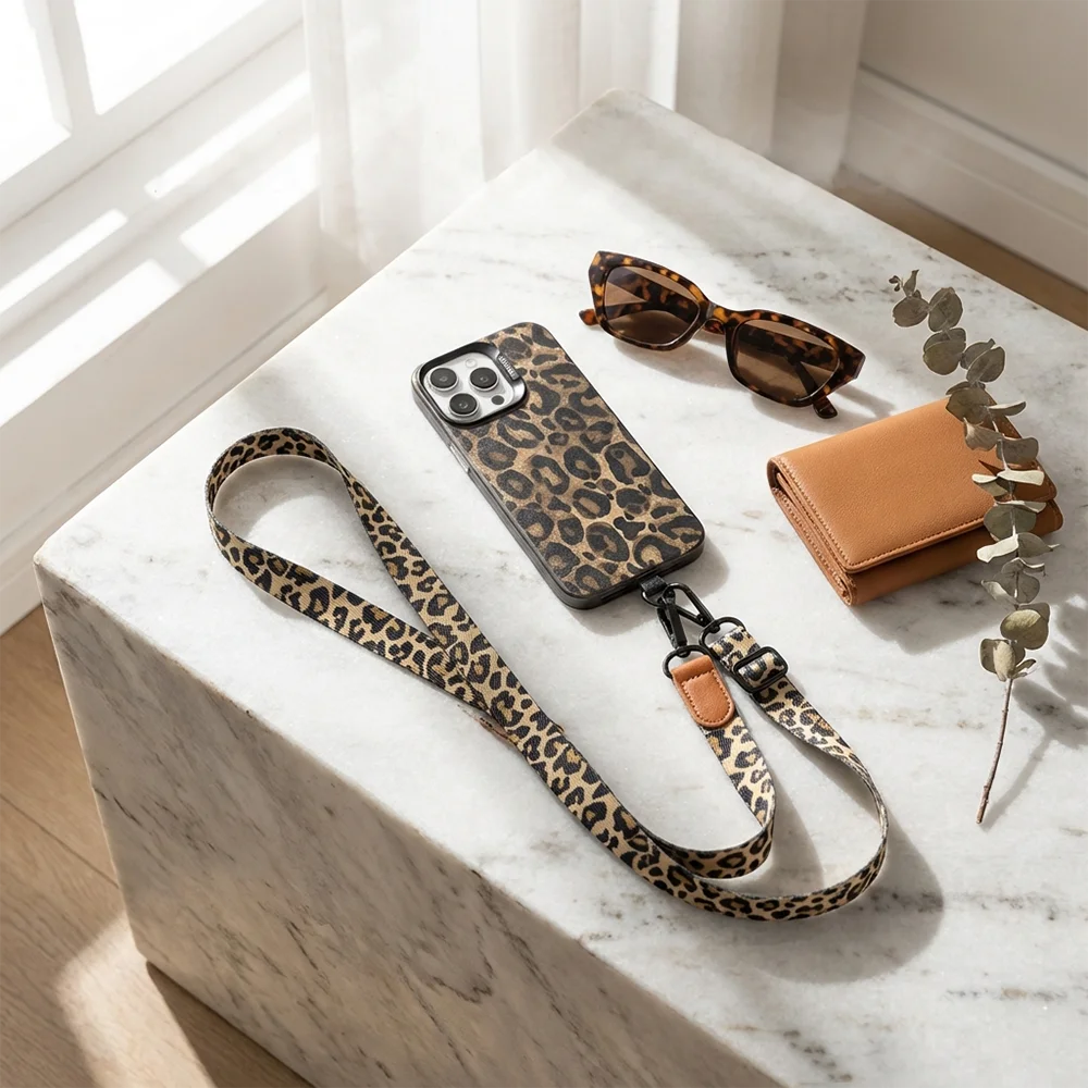Correa cruzada para teléfono con estampado de leopardo, correa ajustable para el cuello, cuerda antipérdida con tarjeta universal para iPhone, Samsung, todas las fundas de teléfono