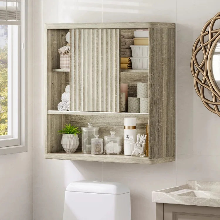Armario de pared de roble original para baño, dormitorio, cocina, con puerta corredera, 3 niveles, estante flotante de madera montado en la pared