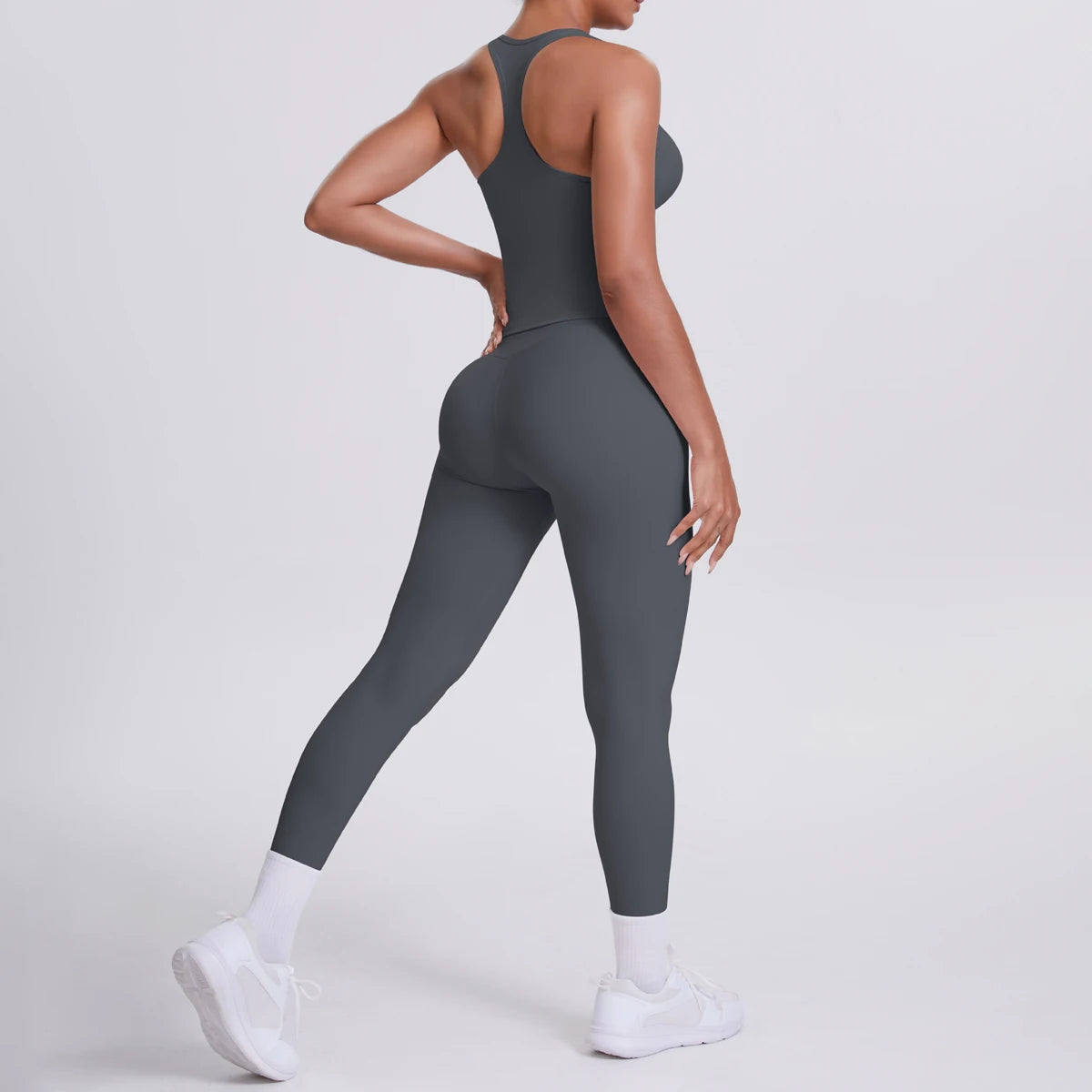 Hamidou - Conjunto de yoga de 2 piezas para mujer: leggings de fitness de secado rápido con efecto push-up y top deportivo con espalda en I de color liso.