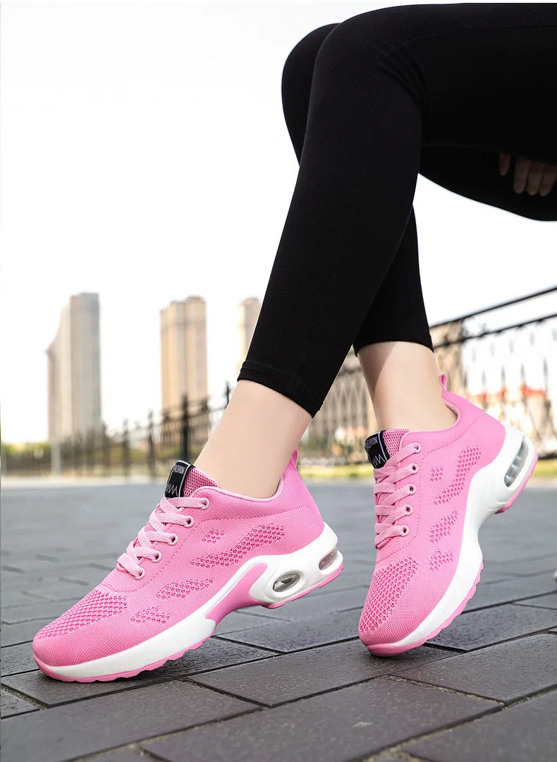 Zapatos deportivos transpirables con amortiguación de aire para mujer, zapatillas informales con cordones cruzados y tacón plano con punta redonda de estilo coreano