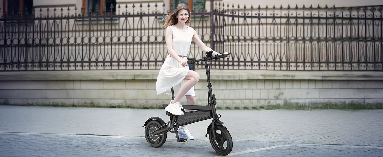 Bicicleta eléctrica plegable de 14 pulgadas, Motor sin escobillas de 350W, batería de 48V y 9Ah, velocidad máxima de 22MPH, 28 millas de largo alcance para adultos