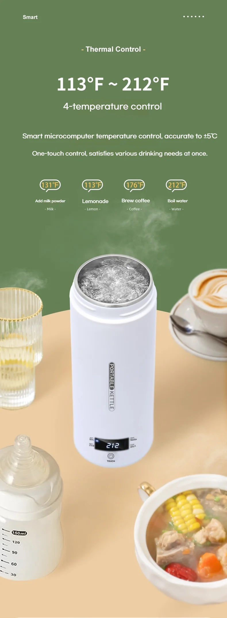 Hervidor Eléctrico Portátil de 450 ml, Taza Térmica para Té y Café, Hervidor de Agua de Viaje, Botella de Agua Anti-Escaldaduras, Menú en Inglés
