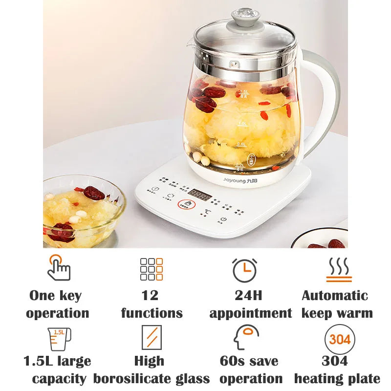 Olla saludable Jiuyang de 220V, tetera de flores multifuncional, tetera de vidrio para estofado, Mini cocina portátil de 1,5 l, cocina para postre y té
