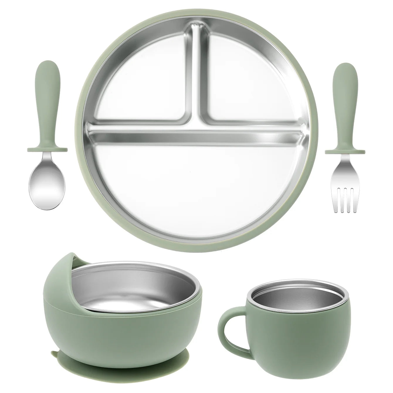 Juego de alimentación de bebé con plato de platos de acero inoxidable, cuenco con ventosa de silicona desmontable, sin BPA, tenedor infantil, cuchara, regalos, 5 uds.
