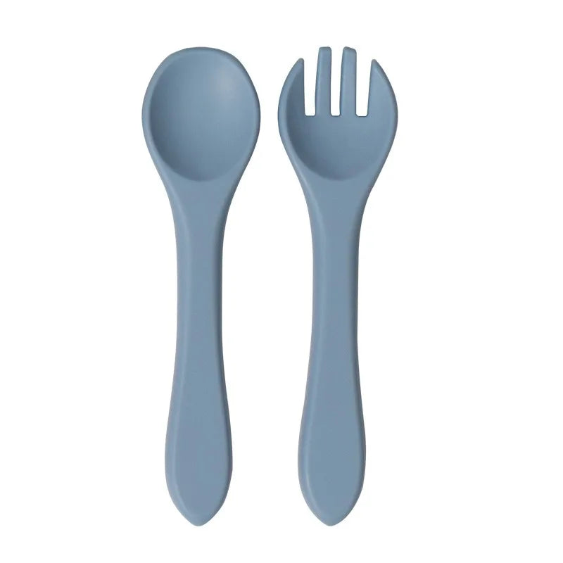 Juego de Cuchara y Tenedor de Silicona de Grado Alimenticio para Bebés, Utensilios de Alimentación para Niños Pequeños con Mango Largo y Cabeza Suave para Alimentos Infantiles