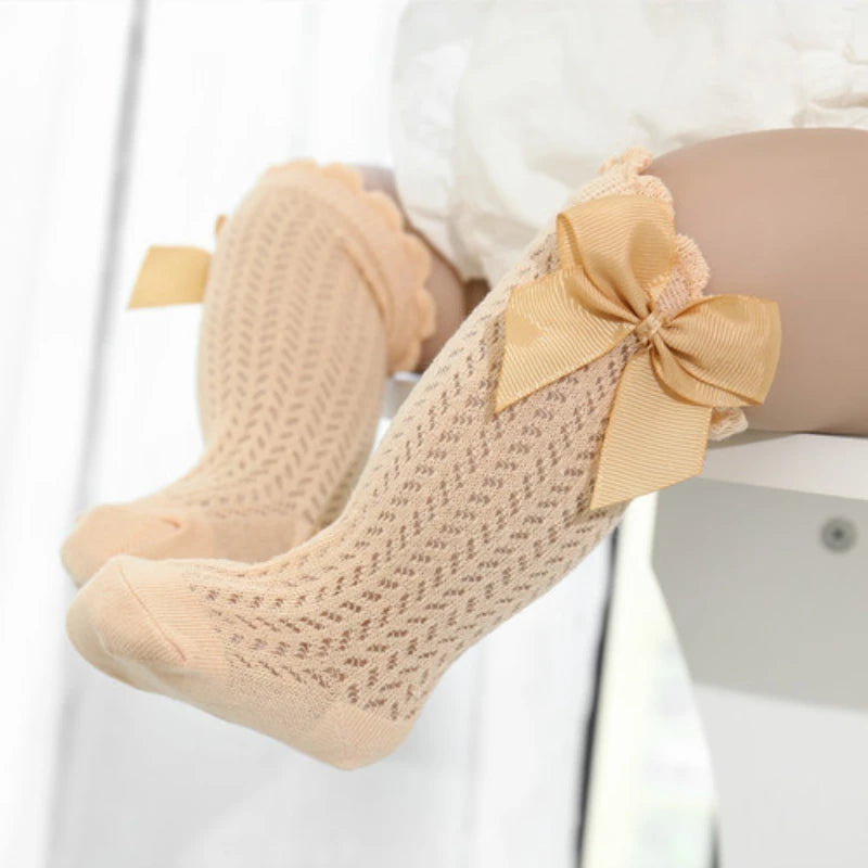 Calcetines hasta la rodilla para bebé de 0 a 36M, calcetines largos hasta la rodilla de malla de algodón con lazo grande para niño pequeño, calcetines largos de princesa para niña 2025
