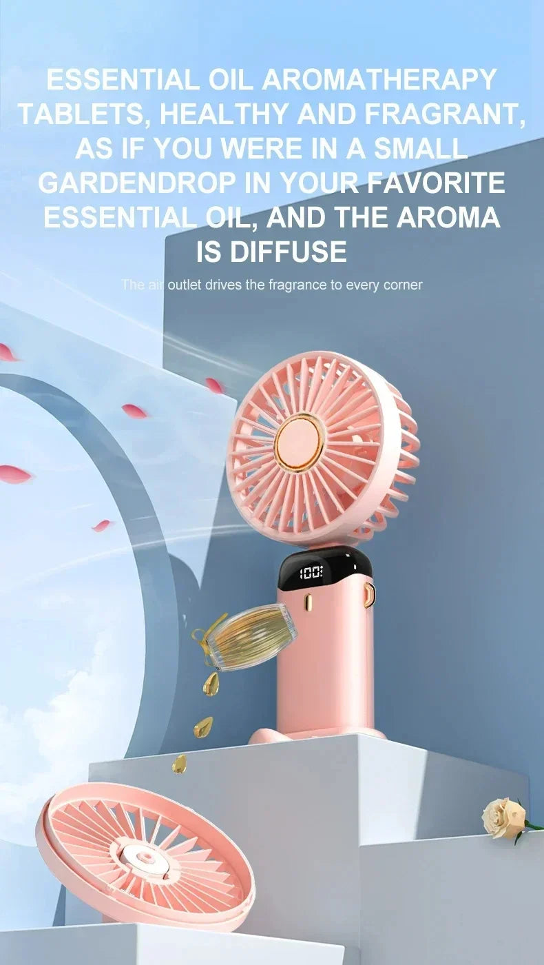 Ventilador recargable personal portátil de mano con pantalla digital LED 90 ° Ventilador recargable ajustable, mini aromaterapia de viento de 5 velocidades