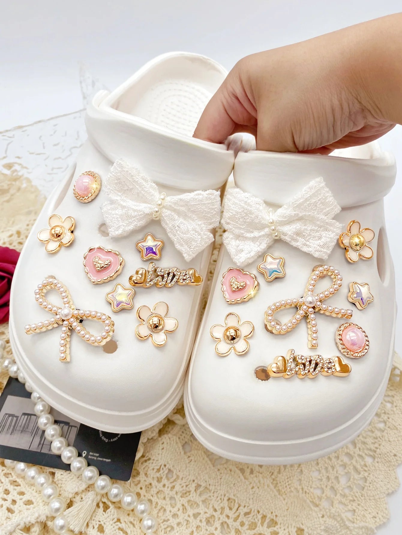 18 piezas de lazo de perlas ABS blanco, perla ABS redonda rosa, amor, flores blancas, pentáculo, botón de amor con letras, decoración DIY, suitab