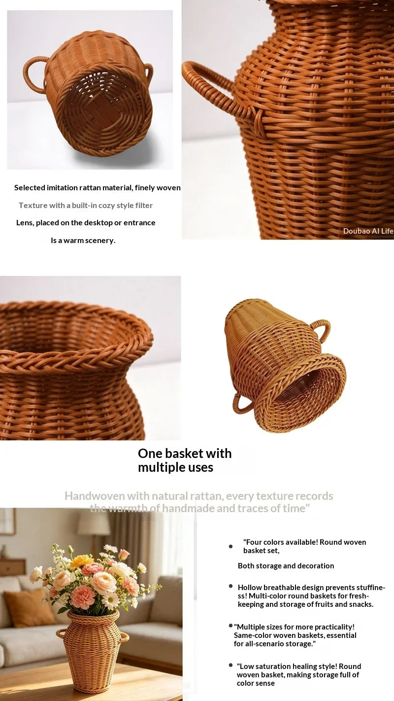 Jarrón de Ratán Tejido a Mano con Asas, Estilo Boho, Maceta Decorativa para Arreglos Florales de Interior y Decoración del Hogar