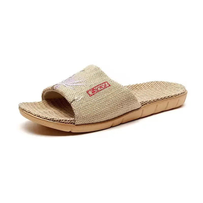 Zapatillas de lino antideslizantes para mujer, sandalias bordadas para el hogar, interior, Verano