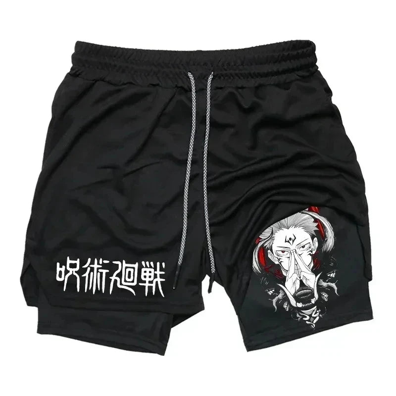 Pantalones cortos deportivos para hombre Jujutsu Kaisen Anime Graphic 2 en 1 pantalones cortos de compresión para hombre pantalones cortos de rendimiento de gimnasio de secado rápido atléticos