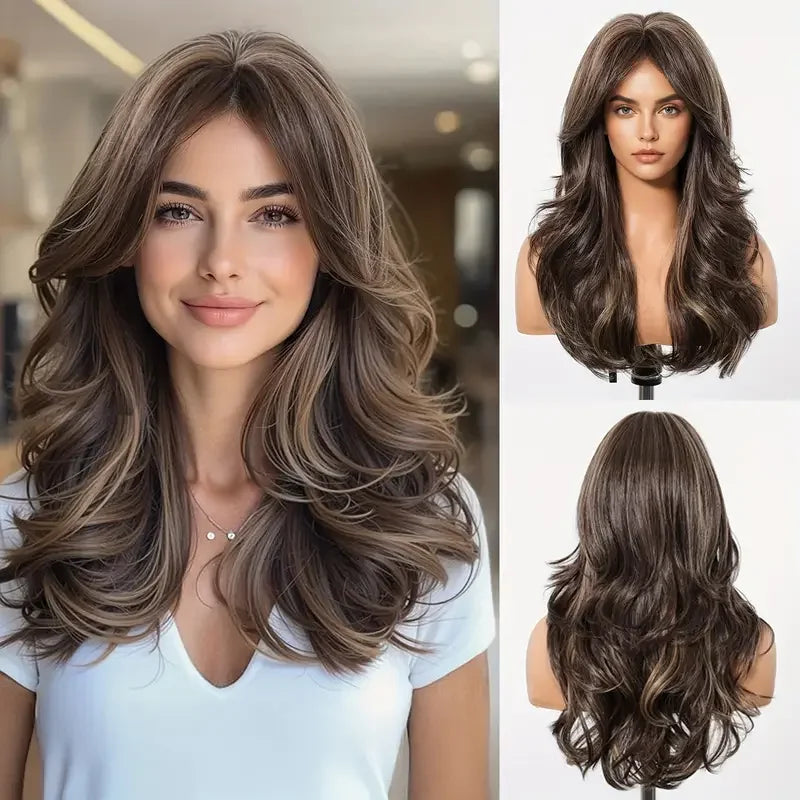 Pelucas Allbell Magique de largo ondulado en capas, pelo marrón miel con flequillo lateral para mujeres, pelucas sintéticas naturales resistentes al calor para uso diario